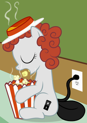 Size: 2549x3584 | Tagged: oc name needed, source needed, safe, artist:badumsquish, derpibooru exclusive, oc, oc only, object pony, original species, popcorn popper pony, g4, badumsquish strikes again, butter, curly hair, eyes closed, female, food, hat, high res, open mouth, ponified, popcorn, popcorn popper, red hair, sitting, smiling, solo, steam, us plug, wall socket, wat