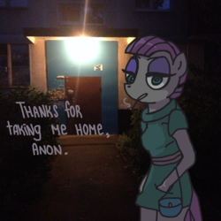 Size: 2160x2160 | Tagged: safe, artist:grinwild, maud pie, earth pony, anthro, g4, cigarette, female, high res, implied anon, irl, night, photo, ponies in real life, smoking, solo