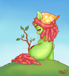 Size: 1024x1126 | Tagged: dead source, safe, artist:milkynyan, tree hugger, g4, female, sapling, sitting, solo, watermark