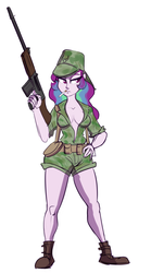 Size: 1678x3019 | Tagged: safe, anonymous artist, princess celestia, human, g4, 4chan, armor, battle rifle, braless, breasts, camouflage, cigarette, cleavage, clothes, female, fn fal, gun, hand on hip, humanized, military uniform, open clothes, open shirt, reasonable breast physics, reasonably shaped breasts, rhodesia, shorts, simple background, smoking, solo, standing, tactical short shorts, warrior, warrior celestia, weapon