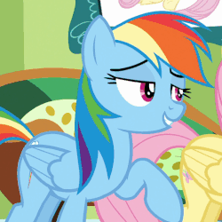 Size: 488x488 | Tagged: safe, screencap, fluttershy, rainbow dash, pony, flutter brutter, g4, animated, bedroom eyes, can i do it on my own, female, solo focus