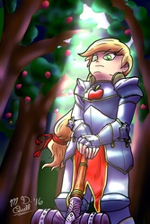 Size: 730x1095 | Tagged: safe, artist:m_d_quill, applejack, human, g4, armor, female, humanized, solo, war hammer, weapon