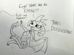 Size: 1280x955 | Tagged: safe, artist:tjpones, princess ember, dragon, g4, black and white, cute, dialogue, disgusted, emberbetes, female, grayscale, implied spike, lineart, monochrome, offscreen character, open mouth, question mark, simple background, solo, tongue out, traditional art, white background