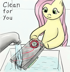 Size: 846x868 | Tagged: safe, artist:trixsun, fluttershy, pegasus, pony, g4, amd, cleaning, everything is ruined, faucet, female, graphics card, hoof hold, mare, radeon, sink, smiling, solo, this will end in tears, this will end in tears and/or death, underhoof, washing, wat, water, why, you fool