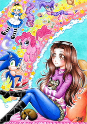 Size: 752x1066 | Tagged: safe, artist:dayserosi, big cat, cat, human, jaguar (animal), alice, alice in wonderland, cheshire cat, crossover, flower, male, moon, nights, nights into dreams, plushie, rainbow, saturn, self insert, sonic the hedgehog, sonic the hedgehog (series), stars, traditional art