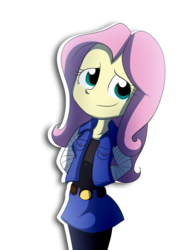 Size: 5887x7758 | Tagged: safe, artist:fj-c, fluttershy, equestria girls, g4, absurd resolution, android 18, clothes, cosplay, costume, denim skirt, dragon ball, dragon ball z, female, lazuli, pantyhose, skirt, solo