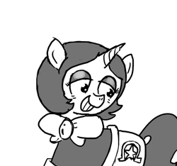 Size: 640x600 | Tagged: safe, artist:ficficponyfic, oc, oc only, oc:joyride, pony, unicorn, colt quest, bags under eyes, bowtie, cutie mark, ear piercing, eyeshadow, female, grin, happy, horn, makeup, mantle, mare, monochrome, piercing, smiling, solo focus, story included