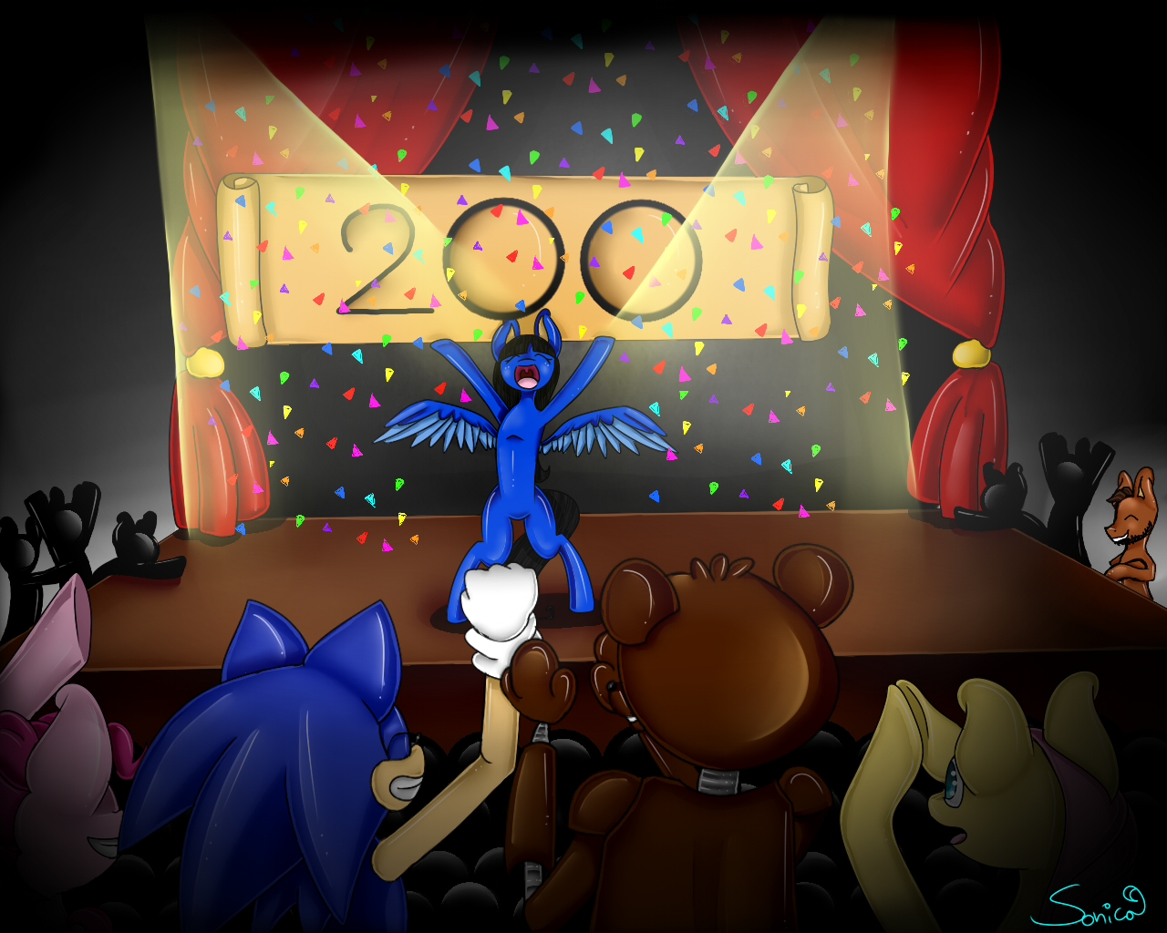 1189107 - safe, artist:federicathehedgehog2, fluttershy, pinkie pie, oc,  crossover, five nights at freddy's, freddy fazbear, sonic the hedgehog,  sonic the hedgehog (series) - Derpibooru