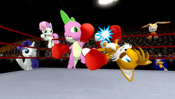 Size: 1366x768 | Tagged: safe, artist:migueruchan, rarity, spike, sweetie belle, dragon, pony, g4, 3d, beaten up, boxing, boxing gloves, boxing ring, cream the rabbit, crossover, female, fight, gmod, male, mare, miles "tails" prower, sonic the hedgehog, sonic the hedgehog (series)