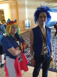 Size: 1536x2048 | Tagged: safe, artist:rainbow-pastel, rainbow dash, human, g4, 2016, clothes, convention, cosplay, costume, crossover, fanimecon, irl, irl human, male, photo, sonic the hedgehog, sonic the hedgehog (series)