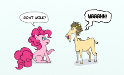 Size: 1284x774 | Tagged: safe, artist:eulicious, pinkie pie, goat, g4, bad joke, bad pun, comic, got milk, milk, pun, simple background, sitting