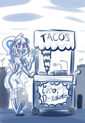 Size: 1280x1864 | Tagged: safe, artist:helloiamyourfriend, sonata dusk, equestria girls, g4, 30 minute art challenge, apron, cart, clothes, female, food, gloves, irrational exuberance, smiling, solo, sonataco, taco, taco tuesday, that girl sure loves tacos, that siren sure does love tacos