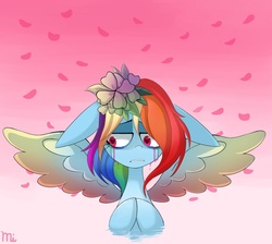Size: 945x846 | Tagged: safe, artist:luzleimoon, rainbow dash, pony, g4, alternate hairstyle, bust, crying, female, floppy ears, flower, flower in hair, gradient background, heart eyes, looking away, mare, rainbow tear, solo, spread wings, wingding eyes