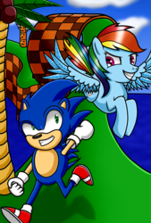 Size: 2360x3484 | Tagged: safe, artist:heartshielder1991, rainbow dash, g4, crossover, duo, female, green hill zone, high res, male, mare, platformer, sonic the hedgehog, sonic the hedgehog (series), tree