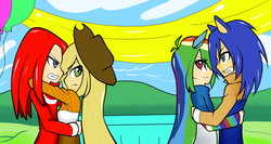 Size: 1320x700 | Tagged: safe, artist:kaiamurosesei, applejack, rainbow dash, human, g4, appleknux, crossover, crossover shipping, female, hug, humanized, interspecies, knuckles the echidna, male, shipping, sonic the hedgehog, sonic the hedgehog (series), sonicdash, straight