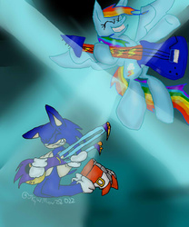 Size: 540x648 | Tagged: safe, artist:skywillow28022, rainbow dash, g4, crossover, guitar, male, sonic the hedgehog, sonic the hedgehog (series), sonic underground