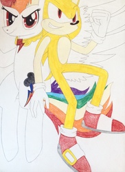 Size: 1739x2393 | Tagged: safe, artist:sonicfan1143, rainbow dash, g4, crossover, male, sonic the hedgehog, sonic the hedgehog (series), super rainbow dash, super sonic, traditional art