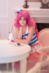 Size: 822x1200 | Tagged: safe, artist:nazomypie, pinkie pie, human, g4, clothes, cosplay, costume, dignified wear, dress, gala dress, gloves, irl, irl human, milkshake, photo, sitting, solo, table