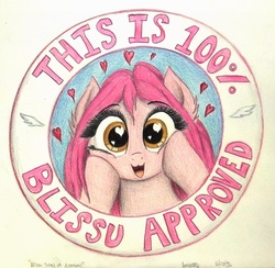 Size: 904x884 | Tagged: dead source, safe, artist:thefriendlyelephant, oc, oc only, oc:angelic grace (a.k.a bliss), pony, adorable face, birthday gift, cute, heart, heart eyes, seal of approval, solo, thefriendlyelephant is trying to murder us, traditional art, wingding eyes
