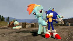 Size: 1366x768 | Tagged: safe, artist:migueruchan, lyra heartstrings, rainbow dash, g4, 3d, chaos emerald, crossover, gmod, male, sniper, sniper (tf2), sonic the hedgehog, sonic the hedgehog (series), team fortress 2