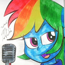 Size: 1600x1600 | Tagged: safe, artist:iamthemanwithglasses, rainbow dash, equestria girls, g4, microphone, traditional art, watermark