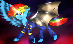 Size: 1500x900 | Tagged: safe, artist:sanddy273, rainbow dash, g4, the cutie re-mark, alternate timeline, apocalypse dash, crystal war timeline, female, solo, torn ear