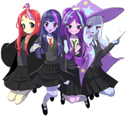 Size: 1200x1100 | Tagged: safe, artist:quizia, moondancer, starlight glimmer, trixie, twilight sparkle, human, equestria girls, g4, clothes, counterparts, crossover, equestria girls-ified, gryffindor, harry potter (series), hogwarts, hufflepuff, looking at you, magic, magical quartet, mary janes, necktie, open mouth, pleated skirt, pony coloring, ravenclaw, shoes, skirt, slytherin, socks, sweater, trixie's cape, trixie's hat, twilight's counterparts, wand