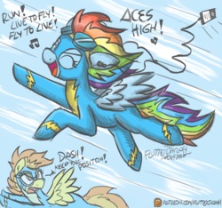 Size: 1000x937 | Tagged: safe, artist:flutterthrash, rainbow dash, spitfire, pegasus, pony, g4, aces high, clothes, duo, earbuds, flying, goggles, heavy metal, ipod, iron maiden, metal, mp3 player, patreon, patreon logo, powerslave (album), singing, song reference, wonderbolts uniform