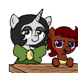Size: 640x600 | Tagged: safe, artist:ficficponyfic, color edit, edit, oc, oc only, oc:joyride, oc:ruby rouge, earth pony, pony, unicorn, colt quest, bowtie, clothes, color, colored, cyoa, ear piercing, eyeshadow, female, filly, foal, horn, makeup, mantle, mare, piercing, table, talking, tomboy, wood