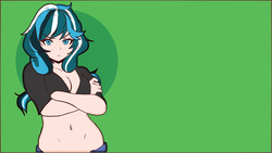 Size: 1920x1080 | Tagged: safe, artist:szabobali, oc, oc only, oc:hyemal, human, barely pony related, belly button, blue eyes, breasts, cute, female, growling, humanized, humanized oc, simple background, solo, wallpaper