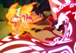 Size: 1437x1006 | Tagged: safe, artist:faith-wolff, sunset shimmer, pony, unicorn, fanfic:the bridge, fanfic:the bridge: a shimmer in the dark, g4, aura, crossover, fanfic art, female, fiery shimmer, fight, fire, glowing cutie mark, glowing eyes, glowing horn, gritted teeth, horn, kaiju griffon, mare, rodan, shimmerverse