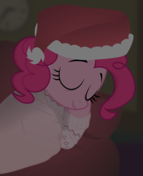 Size: 3000x3695 | Tagged: safe, artist:eagle1division, pinkie pie, g4, clothes, couch, eyes closed, female, hat, high res, lying down, night, pajamas, santa hat, sleeping, smiling, solo, sugarcube corner (interior), tired, vector