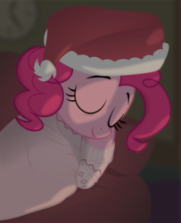 Size: 3000x3695 | Tagged: safe, artist:eagle1division, pinkie pie, g4, blanket, clothes, couch, cute, diapinkes, eyes closed, female, hat, high res, lighting, lying down, night, pajamas, santa hat, sleeping, smiling, solo, sugarcube corner (interior), sweater, tired, vector