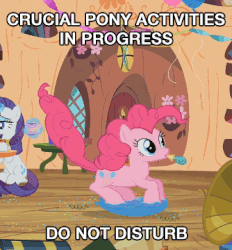 Size: 334x360 | Tagged: safe, edit, edited screencap, screencap, pinkie pie, rarity, earth pony, pony, unicorn, g4, secret of my excess, animated, balloon, bouncing, cup, cute, do not disturb, female, glowing, glowing horn, horn, image macro, jumping, levitation, lidded eyes, magic, mare, meme, moments before disaster, party horn, pronking, smiling, solo focus, teacup, telekinesis