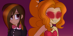 Size: 1024x512 | Tagged: dead source, safe, artist:wubcakeva, adagio dazzle, oc, oc:cupcake slash, equestria girls, g4, bare shoulders, duo, glowing eyes, sleeveless, strapless