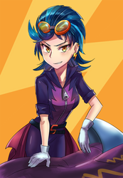 Size: 600x868 | Tagged: safe, artist:tzc, indigo zap, equestria girls, g4, my little pony equestria girls: friendship games, clothes, ear piercing, earring, female, gloves, goggles, jewelry, looking at you, motocross, motocross outfit, motorcross, motorcycle, piercing, shadowbolts costume, short hair, smiling, solo, stupid sexy indigo zap