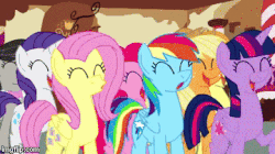 Size: 360x202 | Tagged: safe, artist:animatedjames, applejack, fluttershy, octavia melody, pinkie pie, rainbow dash, rarity, twilight sparkle, alicorn, pony, g4, animated, bouncing, cheering, clap your hooves, clapping, clapping ponies, clopping, female, if bo burnham was on mlp:fim, imgflip, loop, mane six, perfect loop, reaction image, twilight sparkle (alicorn), youtube link