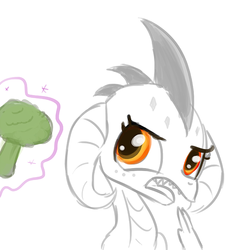 Size: 726x726 | Tagged: safe, artist:tjpones, princess ember, dragon, g4, broccoli, disgusted, food, offscreen character, simple background, white background