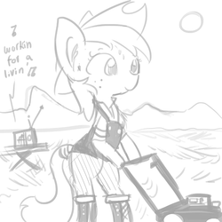 Size: 726x726 | Tagged: safe, artist:tjpones, applejack, earth pony, pony, g4, bipedal, bipedal leaning, clothes, grayscale, huey lewis and the news, lawn mower, monochrome, radio