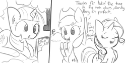 Size: 1280x640 | Tagged: safe, artist:tjpones, applejack, rarity, twilight sparkle, pony, g4, clothes, gloves, grayscale, monochrome, periscope, shipper on deck, twilight the shipper