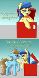 Size: 800x1600 | Tagged: safe, artist:scramjet747, beauty brass, fiddlesticks, pony, g4, apple family member, blushing, box, comic, female, fiddlebrass, lesbian, pony in a box, present, shipping