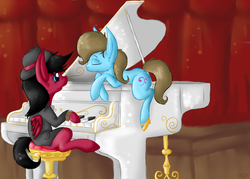 Size: 1054x756 | Tagged: safe, artist:thelittleboo, artist:twilightsilvermoon, beauty brass, oc, oc:tempo, earth pony, pegasus, pony, g4, canon x oc, clothes, commission, female, lesbian, musical instrument, piano, shipping