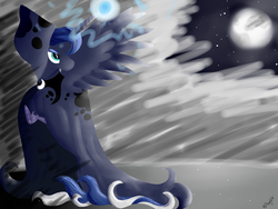 Size: 1600x1200 | Tagged: safe, artist:lunarmoonponi, princess luna, spirit of hearth's warming yet to come, a hearth's warming tail, g4, cloak, clothes, female, magic, moon, snow, solo