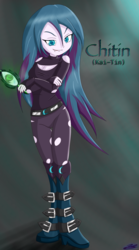 Size: 1670x2999 | Tagged: safe, artist:jabbie64, oc, oc only, oc:chitin, changeling, equestria girls, g4, boots, equestria girls-ified, fangs, holey clothes, lip bite, nail polish, not chrysalis, solo