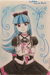 Size: 800x1204 | Tagged: safe, artist:fallenangel5414, pinkie pie, sonata dusk, equestria girls, g4, anime, female, lolita fashion, looking at you, pinkamena diane pie, plushie, puffy sleeves, solo, traditional art