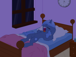 Size: 3999x3000 | Tagged: safe, artist:discorded, artist:djdavid98, oc, oc only, oc:double colon, pony, armpits, bed, belly button, chest fluff, clock, drawer, featureless crotch, floppy ears, fluffy, glass of water, high res, night, sleeping, snoring, solo, vector, window