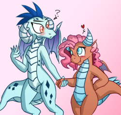 Size: 2153x2040 | Tagged: safe, artist:bronyxxi, artist:chiptunebrony, artist:flutterthrash, edit, mina, princess ember, dragon, g4, blushing, colored, confused, cute, dragoness, duo, emberbetes, female, heart, high res, holding hands, minabetes, pink background, question mark, sfw edit, simple background, wingdings