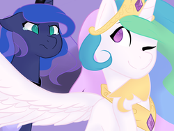 Size: 2000x1500 | Tagged: safe, artist:dorkadraws, princess celestia, princess luna, g4, crying, floppy ears, implied cake, one eye closed, royal sisters, spread wings, wink