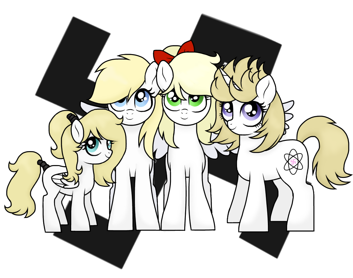 1189466 - safe, artist:unoriginai, oc, oc only, oc:aryanne, oc:franziska,  oc:kyrie, oc:luftkrieg, earth pony, pegasus, pony, unicorn, aryan, aryan  pony, blonde, commission, family, family photo, female, filly, germany,  lesbian, magical lesbian spawn, nazi,