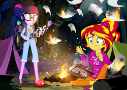 Size: 1100x780 | Tagged: safe, artist:pixelkitties, owlowiscious, sci-twi, sugar belle, sunset shimmer, twilight sparkle, pony, equestria girls, g4, alternate hairstyle, book, campfire, camping, clothes, fire, ghostbusters, glasses, gritted teeth, pajamas, ponytail, proton pack, scary stories to tell in the dark, slippers, tent, voice actor joke, wide eyes